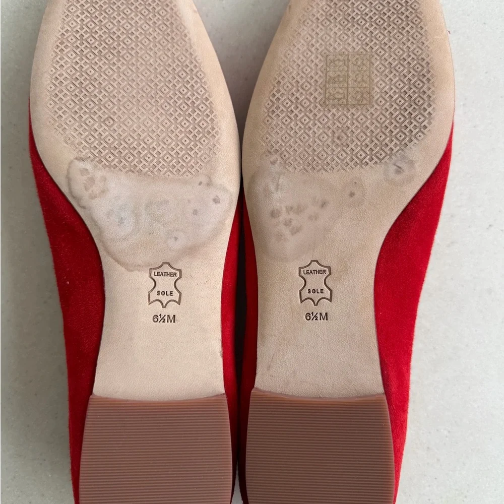 Tory Burch Red Suede Square-Toe Logo Ballet Flats Size 6.5